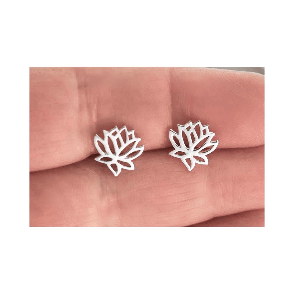 2/$20! Silver Blooming Lotus Flower Stud Earrings - Picture 3 of 7